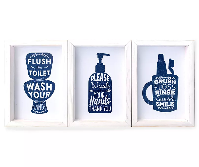 "Flush, Wash, Brush" 3-Piece Bathroom Plaque Set 1 "Flush, Wash, Brush" 3-Piece Bathroom Plaque Set