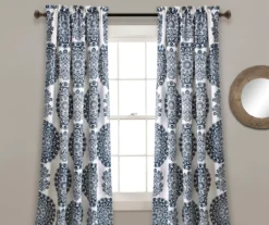 Evelyn Medallion Navy & White Room-Darkening Rod Pocket Curtain Panel Pair, (84")