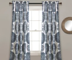 Evelyn Medallion Navy & White Room-Darkening Rod Pocket Curtain Panel Pair, (95")