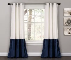 Prima Velvet Color Block White & Navy Room-Darkening Grommet Curtain Panel Pair, (84")