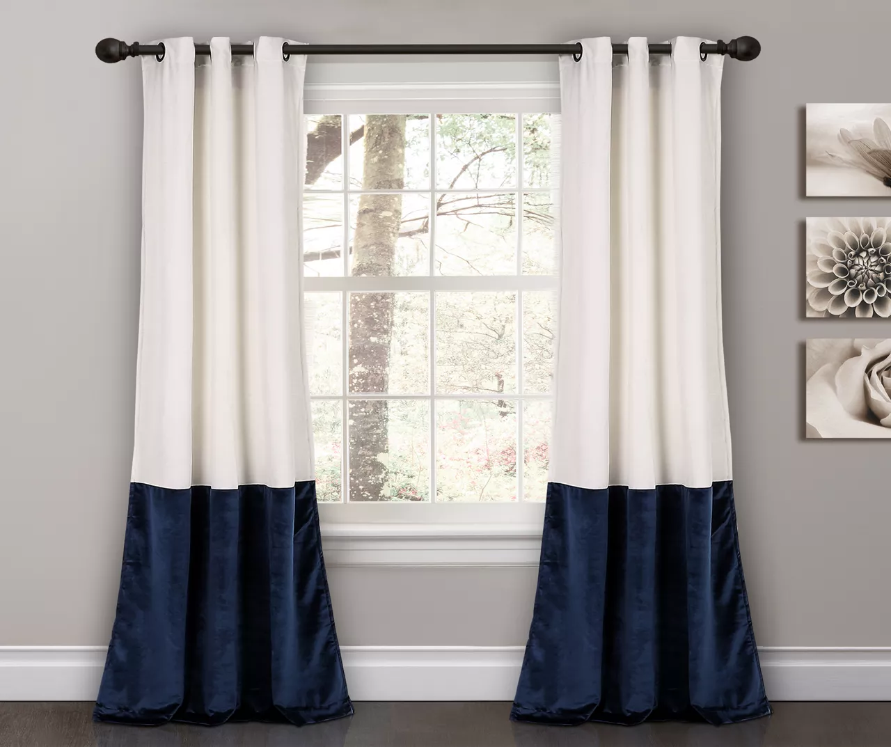 Prima Velvet Color Block White & Navy Room-Darkening Grommet Curtain Panel Pair, (84") 1 Prima Velvet Color Block White & Navy Room-Darkening Grommet Curtain Panel Pair, (84")
