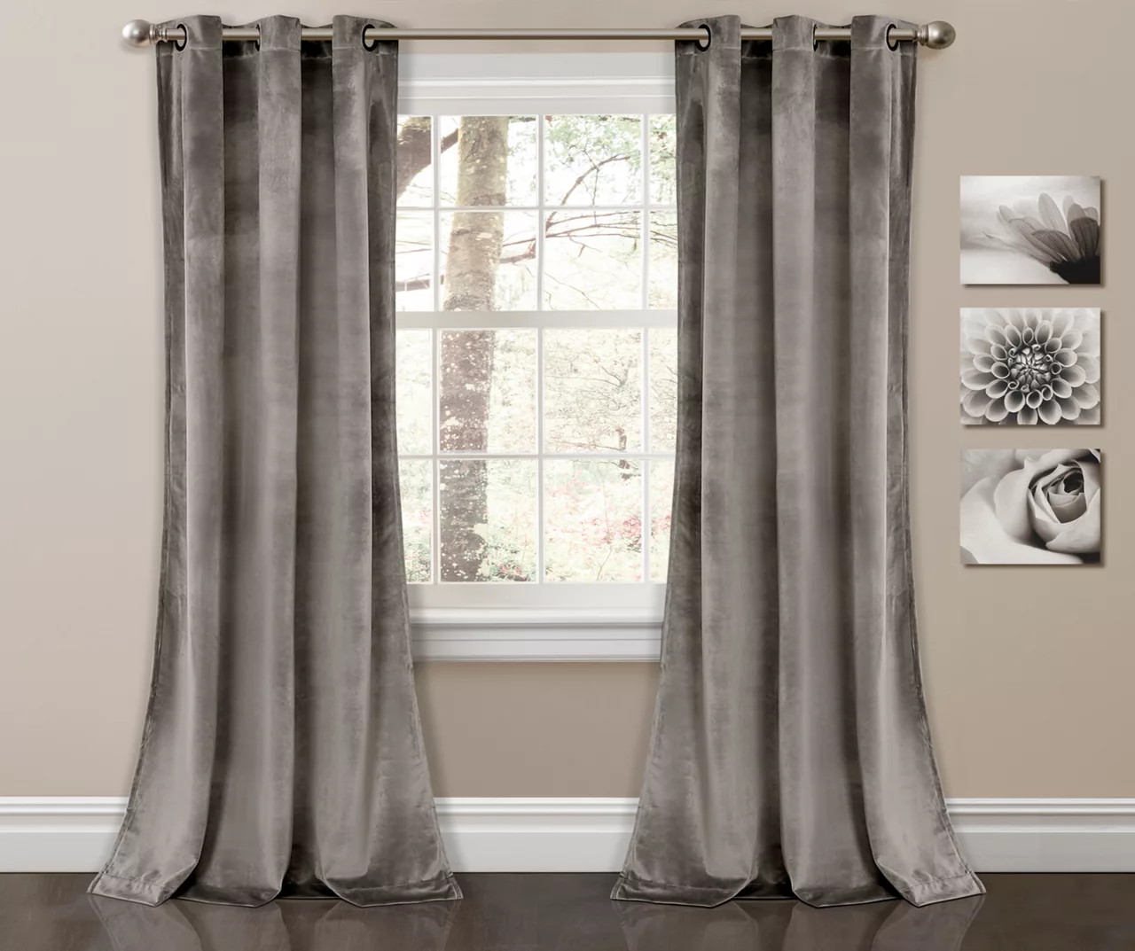 Prima Velvet Gray Room-Darkening Grommet Curtain Panel Pair, (84") 1 Prima Velvet Gray Room-Darkening Grommet Curtain Panel Pair, (84")