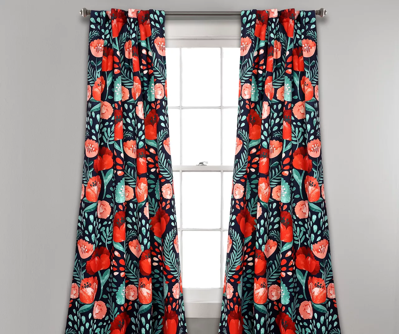 Poppy Garden Navy & Red Room-Darkening Back Tab Curtain Panel Pair, (84") 1 Poppy Garden Navy & Red Room-Darkening Back Tab Curtain Panel Pair, (84")