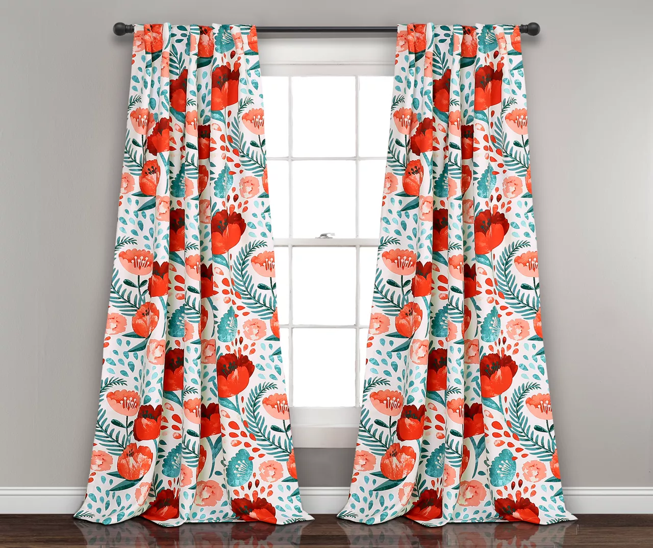 Poppy Garden Aqua & Red Room-Darkening Back Tab Curtain Panel Pair, (95") 1 Poppy Garden Aqua & Red Room-Darkening Back Tab Curtain Panel Pair, (95")