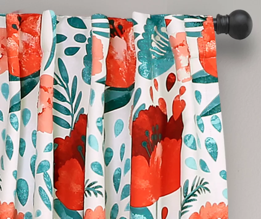 Poppy Garden Aqua & Red Room-Darkening Back Tab Curtain Panel Pair, (84") 2 Poppy Garden Aqua & Red Room-Darkening Back Tab Curtain Panel Pair, (84") - Image 2