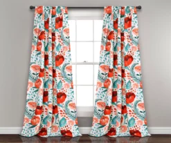 Poppy Garden Aqua & Red Room-Darkening Back Tab Curtain Panel Pair, (84")