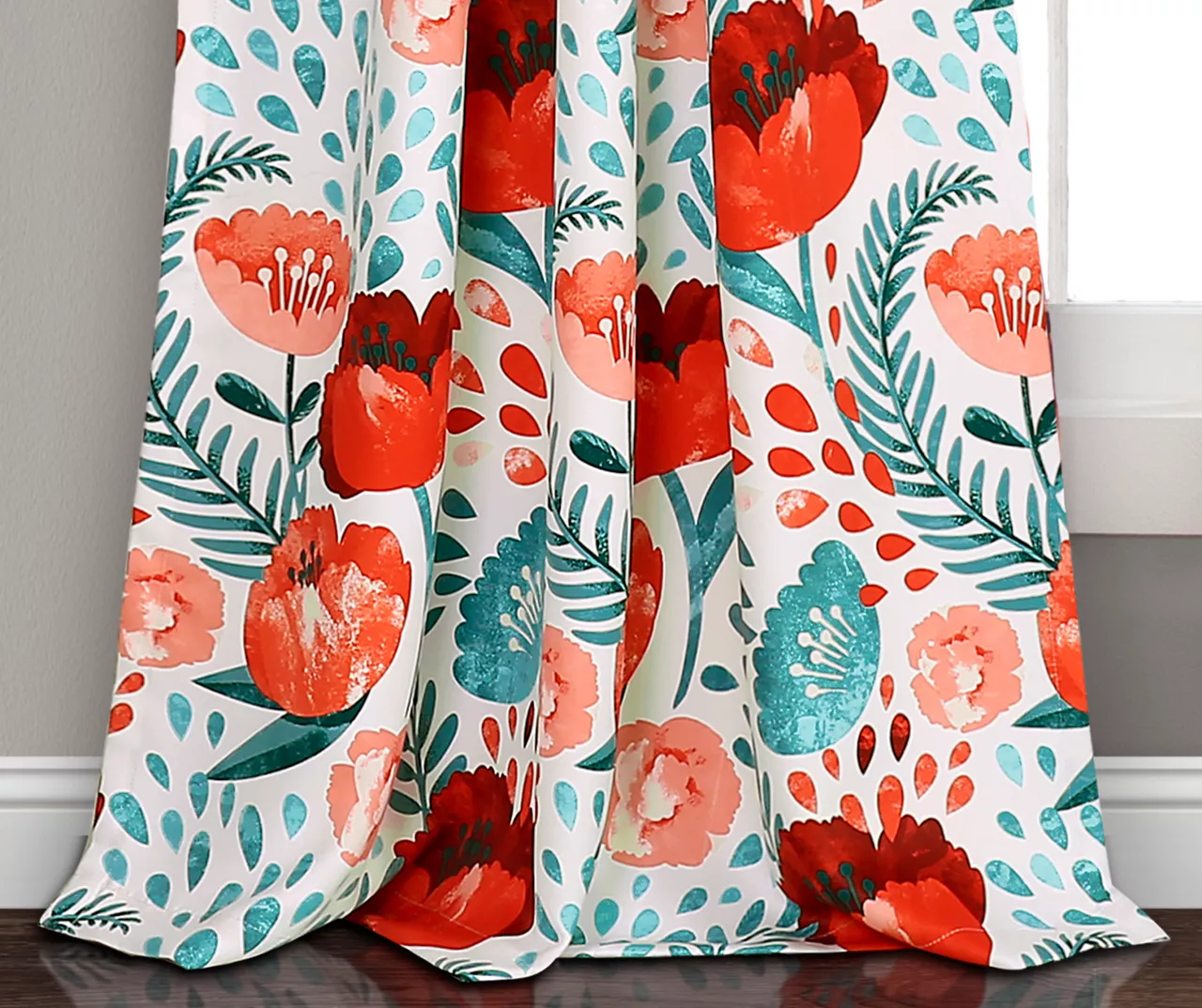 Poppy Garden Aqua & Red Room-Darkening Back Tab Curtain Panel Pair, (84") 4 Poppy Garden Aqua & Red Room-Darkening Back Tab Curtain Panel Pair, (84") - Image 4