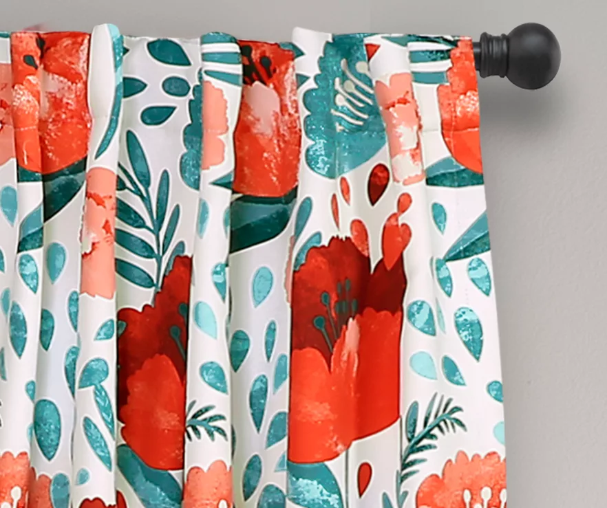 Poppy Garden Aqua & Red Room-Darkening Back Tab Curtain Panel Pair, (108") 2 Poppy Garden Aqua & Red Room-Darkening Back Tab Curtain Panel Pair, (108") - Image 2