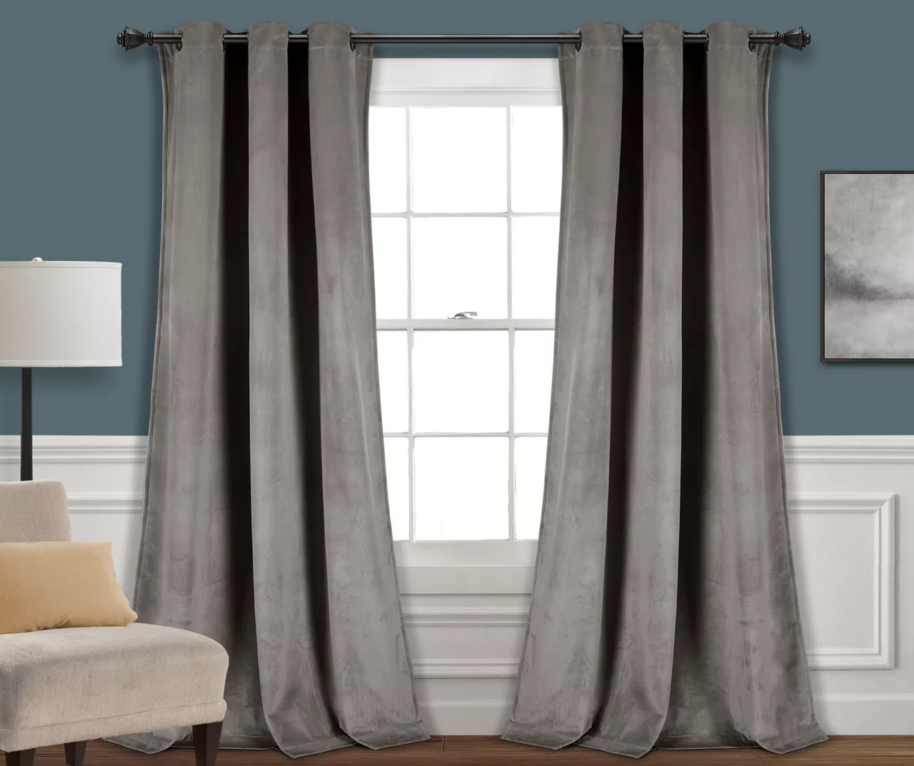 Prima Velvet Gray Room-Darkening Grommet Curtain Panel Pair, (108") 1 Prima Velvet Gray Room-Darkening Grommet Curtain Panel Pair, (108")