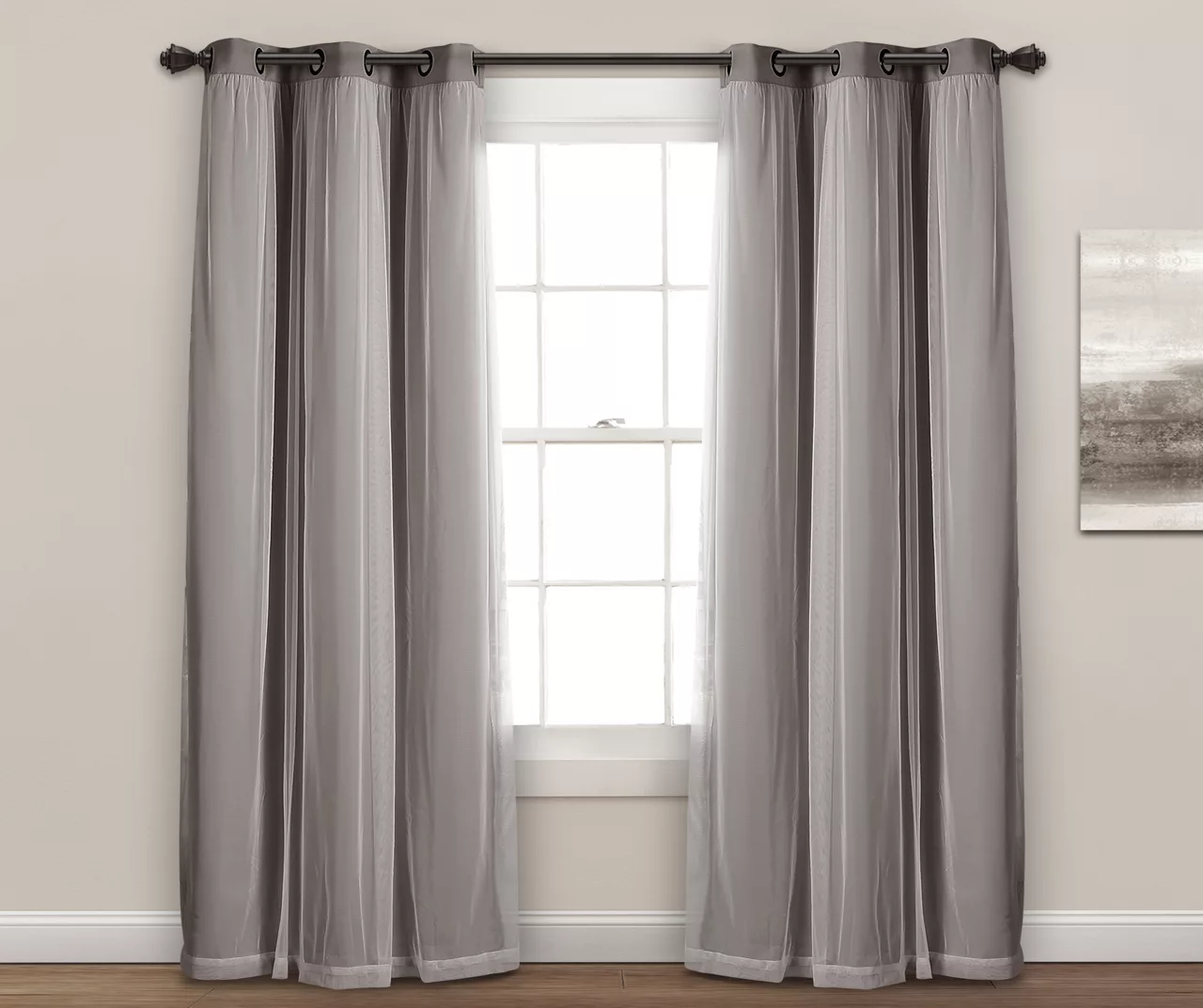 Lush Dark Gray Blackout Grommet Curtain Panel Pair With Sheer Overlay, (84") 2 Lush Dark Gray Blackout Grommet Curtain Panel Pair With Sheer Overlay, (84") - Image 2