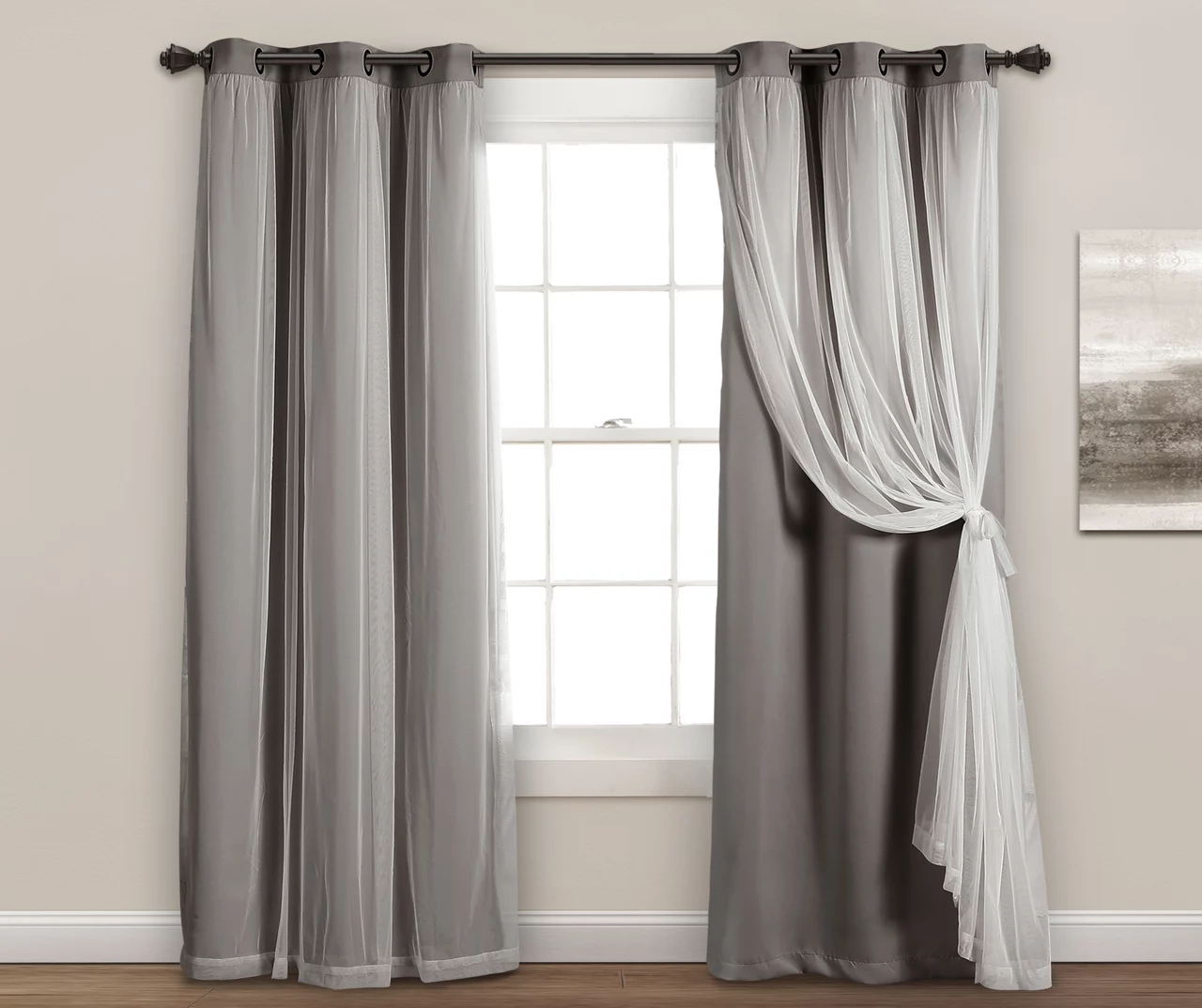 Lush Dark Gray Blackout Grommet Curtain Panel Pair With Sheer Overlay, (84") 1 Lush Dark Gray Blackout Grommet Curtain Panel Pair With Sheer Overlay, (84")