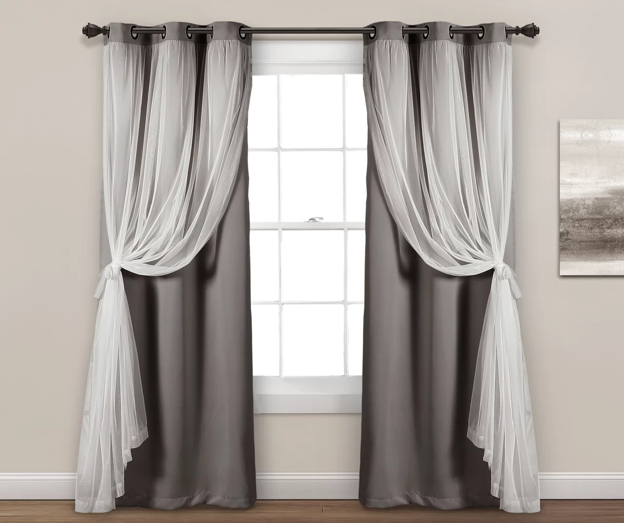 Lush Dark Gray Blackout Grommet Curtain Panel Pair With Sheer Overlay, (84") 3 Lush Dark Gray Blackout Grommet Curtain Panel Pair With Sheer Overlay, (84") - Image 3