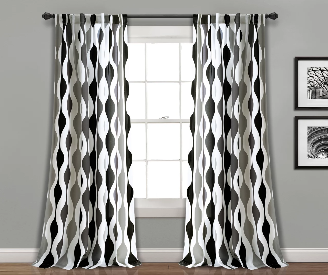 Mid-Century Geo Black & Gray Room-Darkening Back Tab Curtain Panel Pair, (84") 1 Mid-Century Geo Black & Gray Room-Darkening Back Tab Curtain Panel Pair, (84")