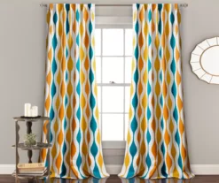 Mid-Century Geo Turquoise & Orange Room-Darkening Back Tab Curtain Panel Pair, (84")