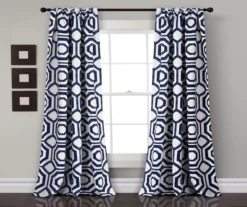 Octagon Blocks Navy Room-Darkening Rod Pocket Curtain Panel Pair, (84")