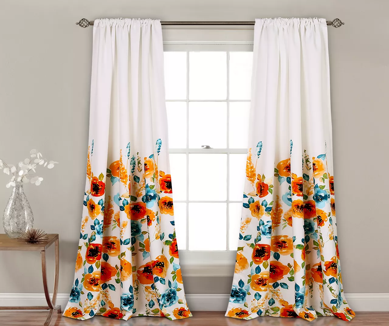 Percy Bloom Tangerine & Blue Room-Darkening Rod Pocket Curtain Panel Pair, (84") 1 Percy Bloom Tangerine & Blue Room-Darkening Rod Pocket Curtain Panel Pair, (84")