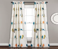 Rowley Birds Blue & Orange Room-Darkening Rod Pocket Curtain Panel Pair, (84")