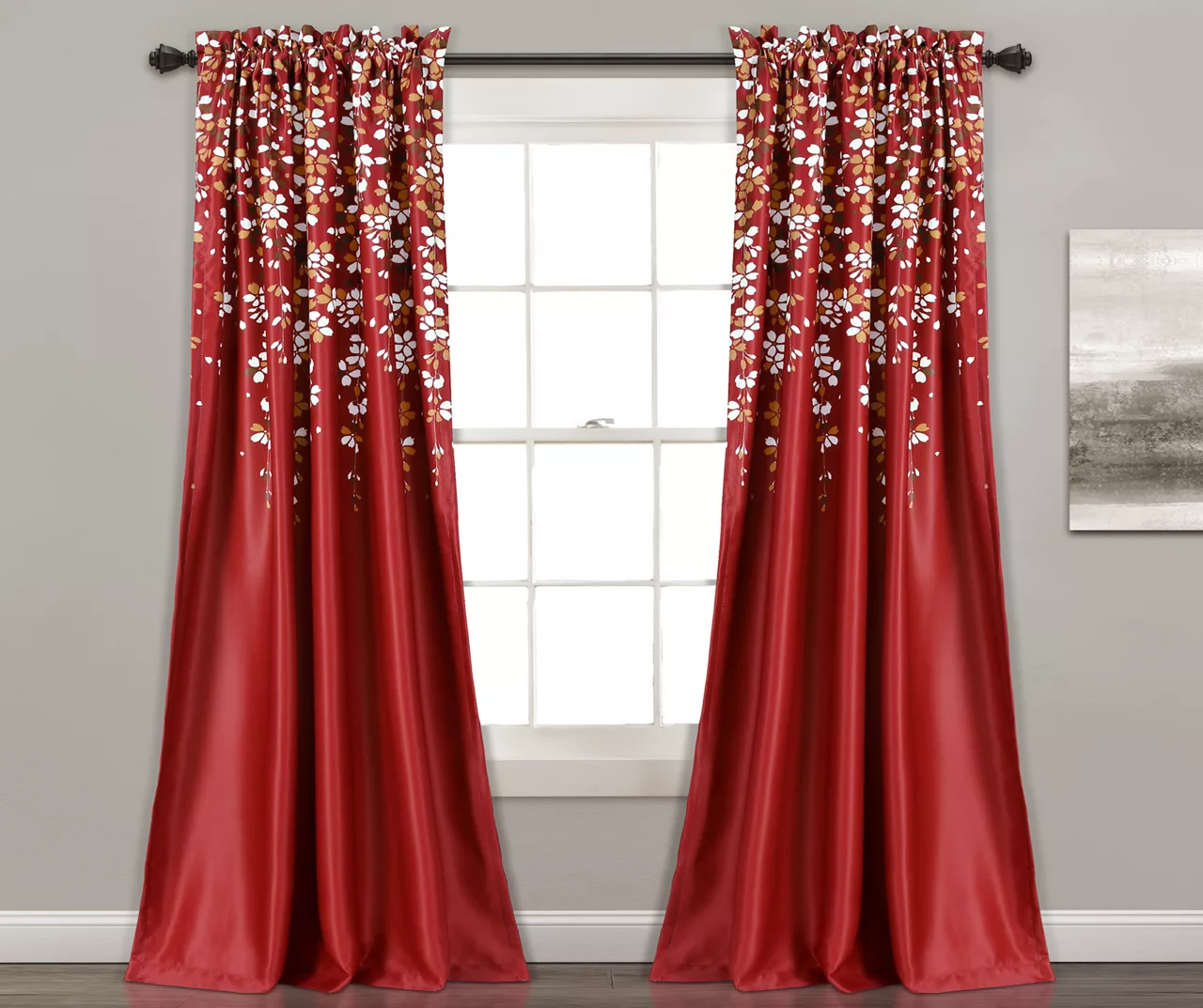 Weeping Flowers Red Room-Darkening Rod Pocket Curtain Panel Pair, (84") 1 Weeping Flowers Red Room-Darkening Rod Pocket Curtain Panel Pair, (84")