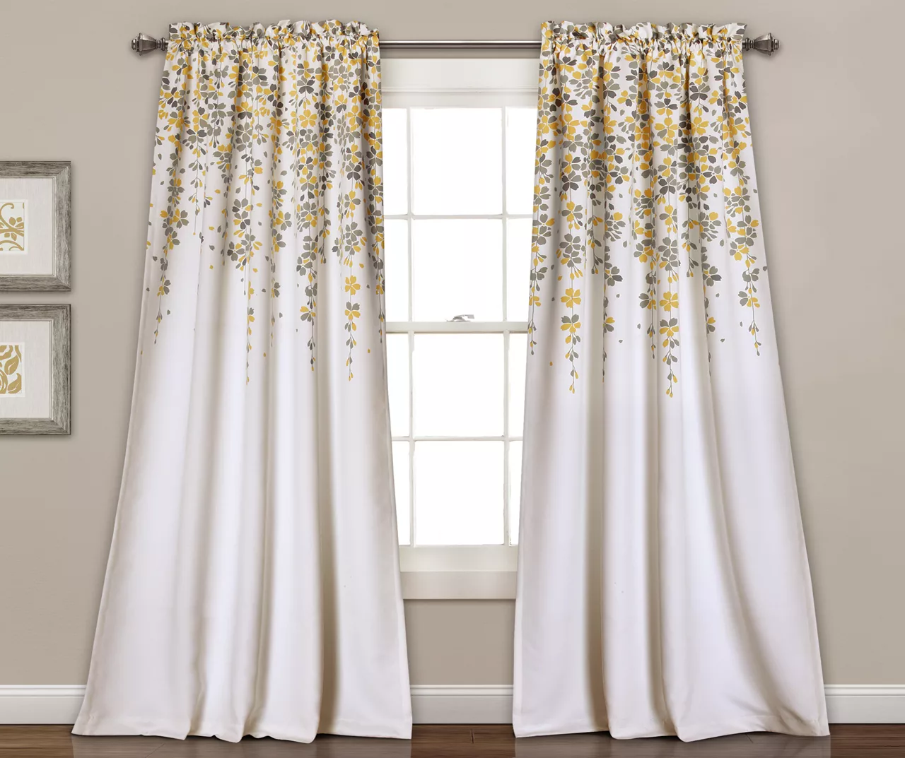 Weeping Flowers Yellow & Gray Room-Darkening Rod Pocket Curtain Panel Pair, (84") 1 Weeping Flowers Yellow & Gray Room-Darkening Rod Pocket Curtain Panel Pair, (84")