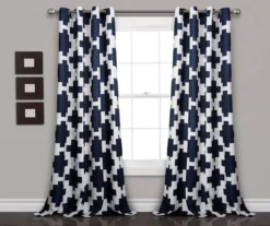 Wellow Ikat Navy & White Room-Darkening Grommet Curtain Panel Pair, (84")