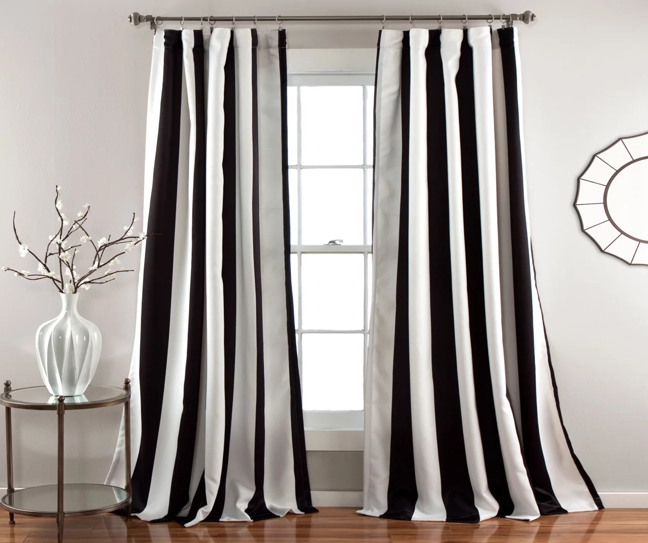 Wilbur Stripe Black & White Room-Darkening Back Tab Curtain Panel Pair, (84") 1 Wilbur Stripe Black & White Room-Darkening Back Tab Curtain Panel Pair, (84")