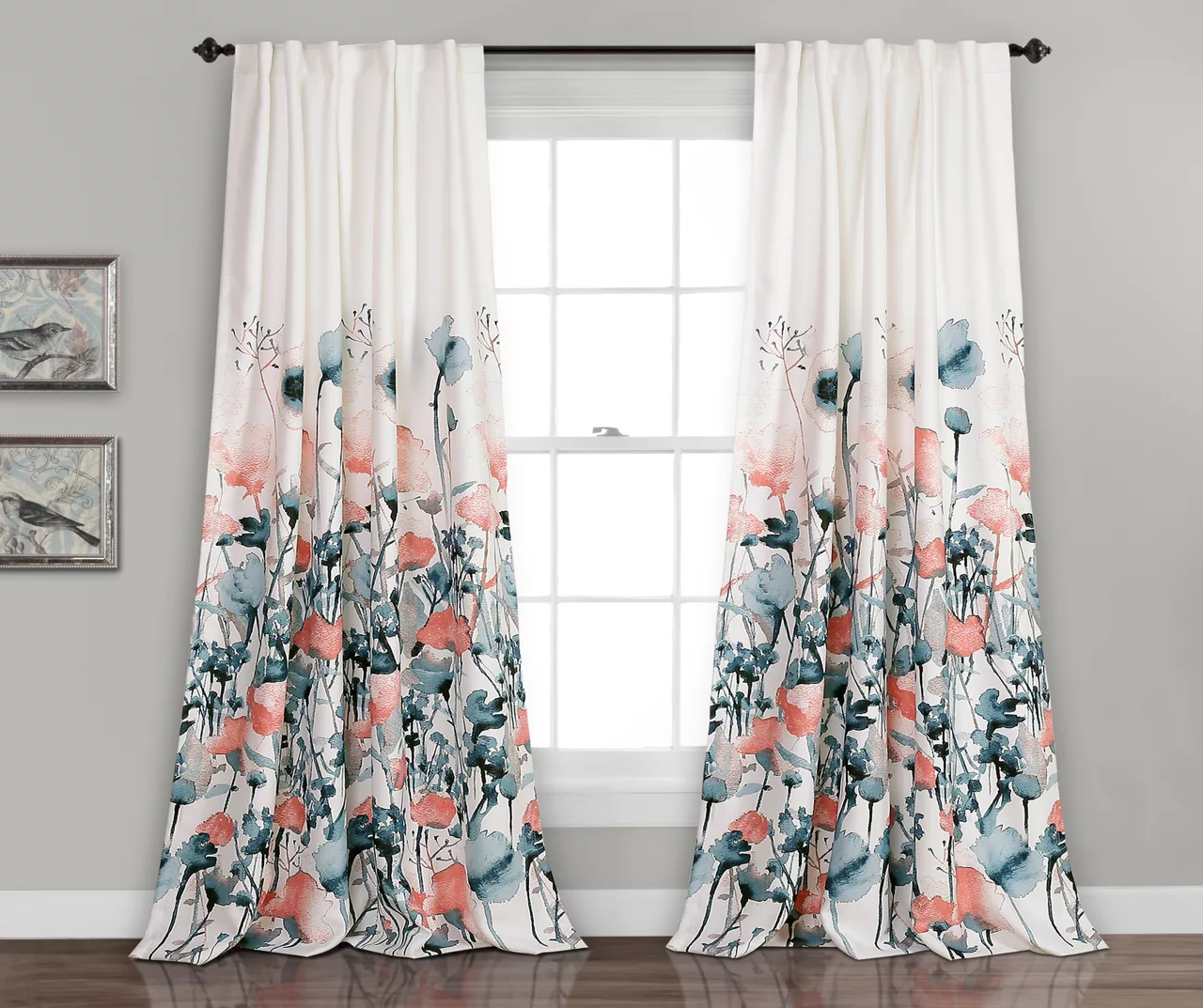 Zuri Flora Blue & Coral Room-Darkening Back Tab Curtain Panel Pair, (84") 1 Zuri Flora Blue & Coral Room-Darkening Back Tab Curtain Panel Pair, (84")