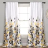 Zuri Flora Yellow & Gray Room-Darkening Back Tab Curtain Panel Pair, (84")