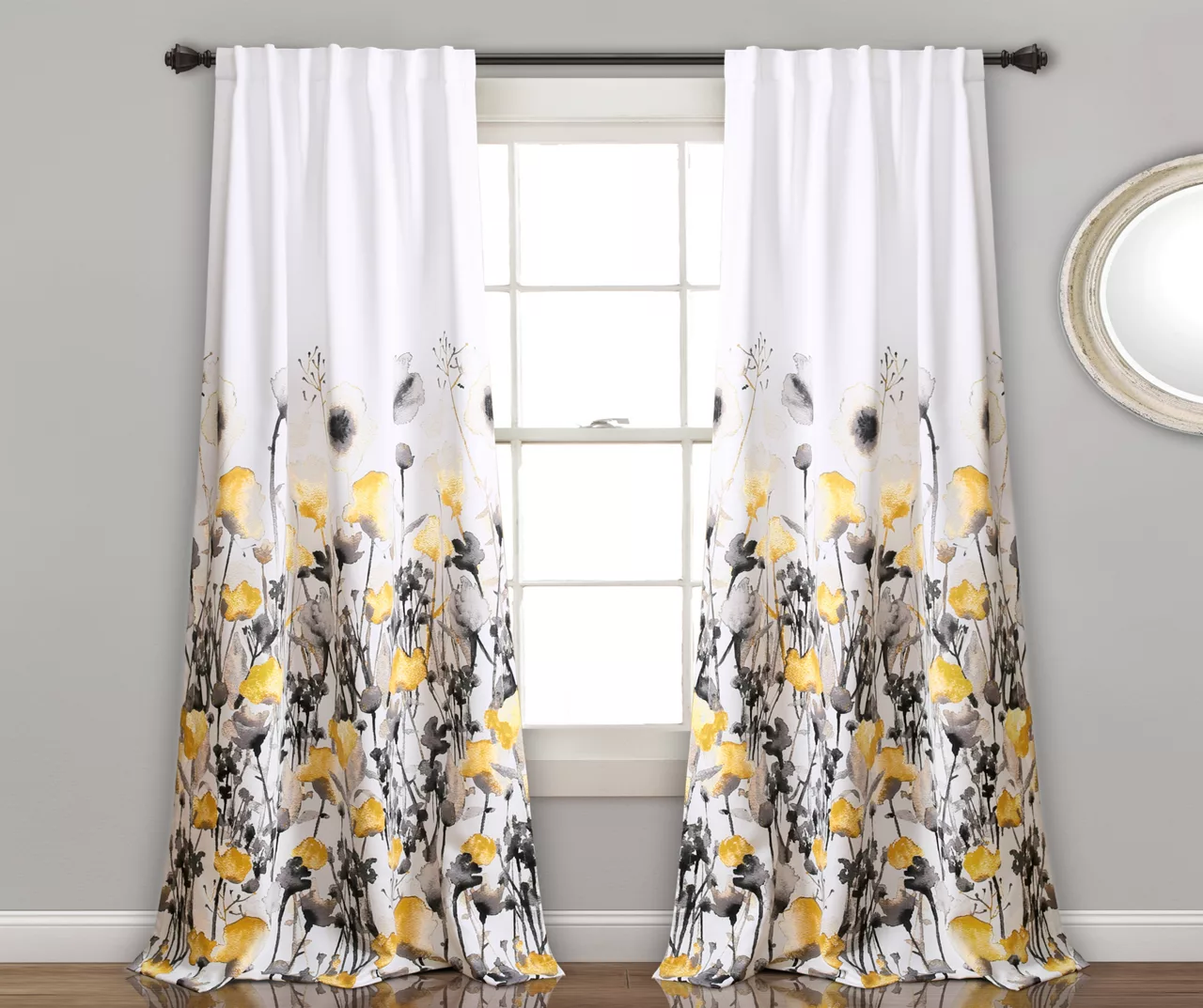 Zuri Flora Yellow & Gray Room-Darkening Back Tab Curtain Panel Pair, (84") 1 Zuri Flora Yellow & Gray Room-Darkening Back Tab Curtain Panel Pair, (84")