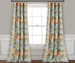Sydney Blue & Green Floral Room-Darkening Rod Pocket Curtain Panel Pair, (84")