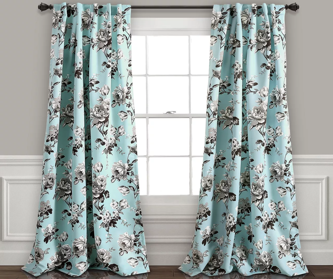 Tania Floral Blue & Gray Room-Darkening Back Tab Curtain Panel Pair, (95") 1 Tania Floral Blue & Gray Room-Darkening Back Tab Curtain Panel Pair, (95")