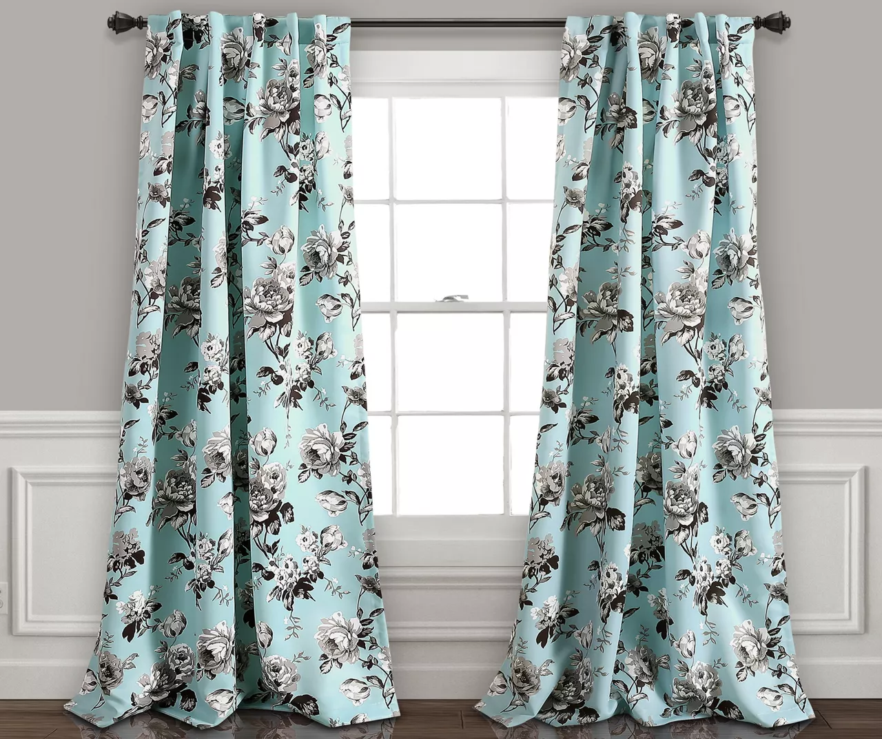 Tania Floral Blue & Gray Room-Darkening Back Tab Curtain Panel Pair, (84") 1 Tania Floral Blue & Gray Room-Darkening Back Tab Curtain Panel Pair, (84")