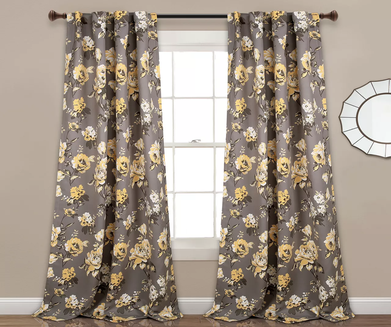 Tania Floral Gray & Yellow Room-Darkening Back Tab Curtain Panel Pair, (84") 1 Tania Floral Gray & Yellow Room-Darkening Back Tab Curtain Panel Pair, (84")