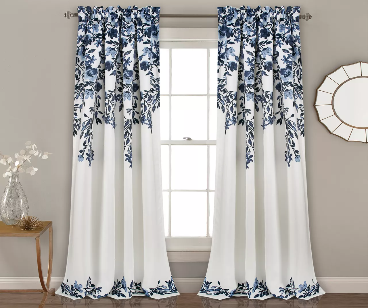 Tanisha Navy & White Floral Room-Darkening Rod Pocket Curtain Panel Pair, (84") 1 Tanisha Navy & White Floral Room-Darkening Rod Pocket Curtain Panel Pair, (84")