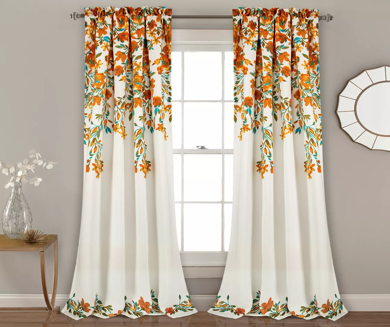 Tanisha Tangerine & Turquoise Floral Room-Darkening Rod Pocket Curtain Panel Pair, (84") 1 Tanisha Tangerine & Turquoise Floral Room-Darkening Rod Pocket Curtain Panel Pair, (84")