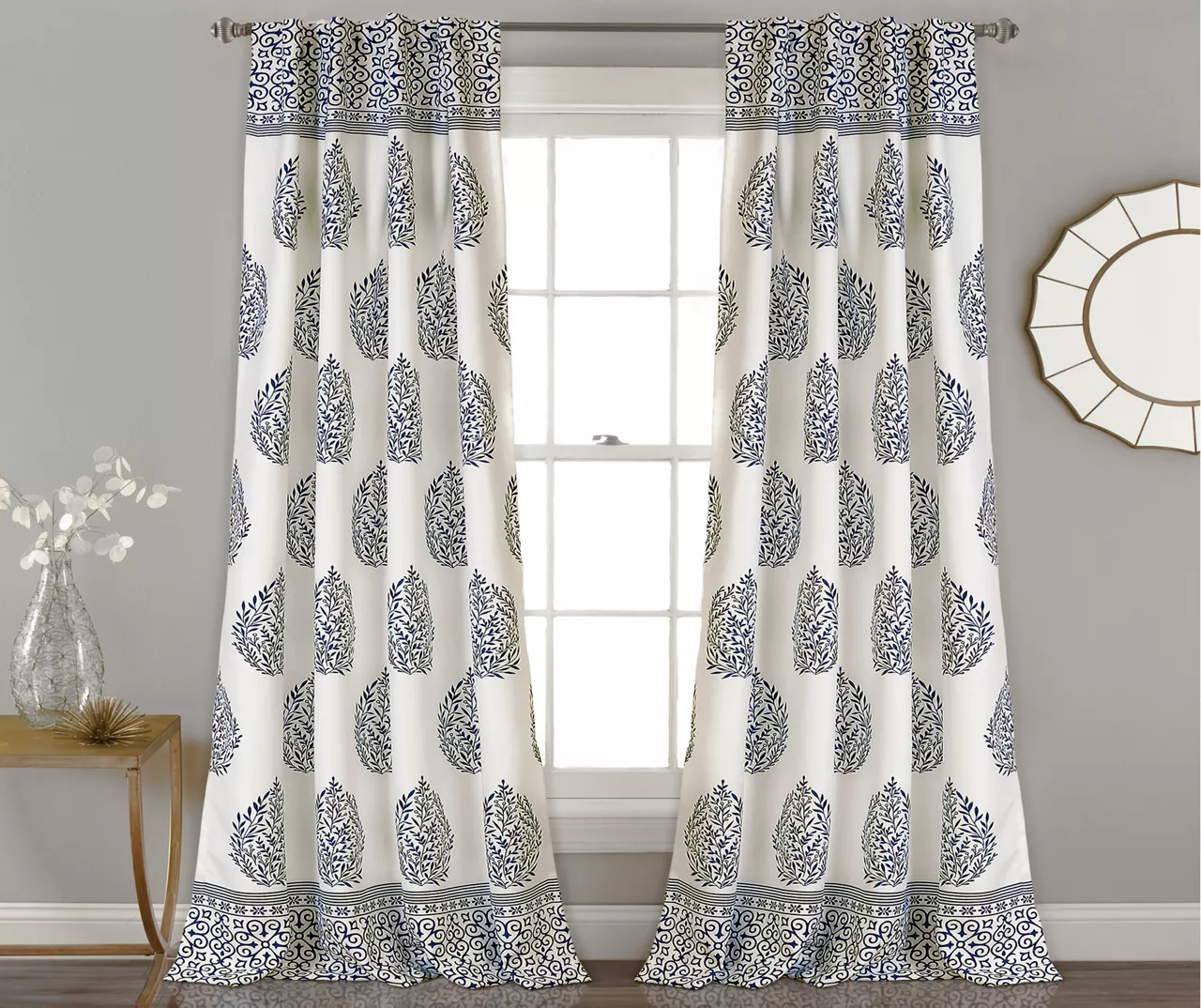 Teardrop Leaf Navy Room-Darkening Back Tab Curtain Panel Pair, (84") 1 Teardrop Leaf Navy Room-Darkening Back Tab Curtain Panel Pair, (84")