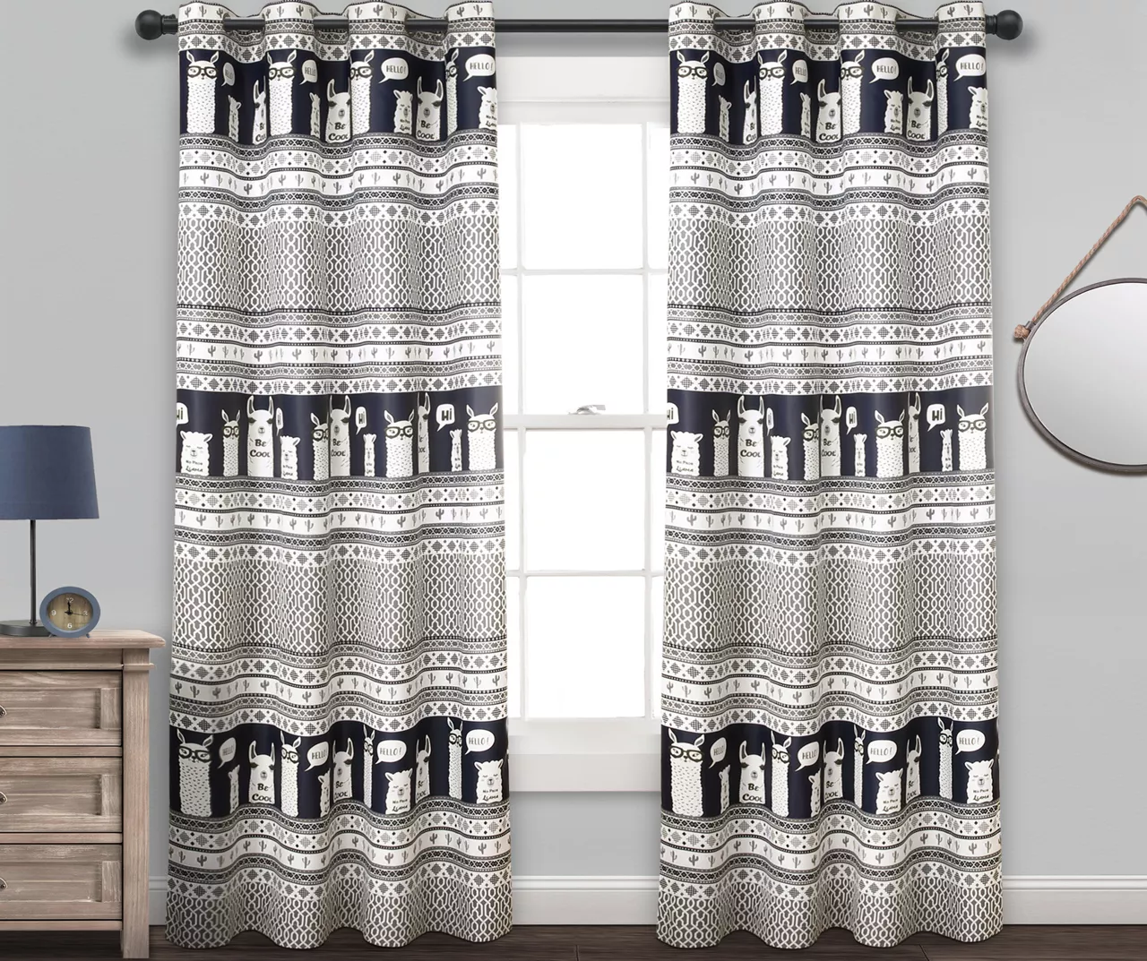 Llama Stripe Navy Room-Darkening Grommet Curtain Panel Pair, (84") 1 Llama Stripe Navy Room-Darkening Grommet Curtain Panel Pair, (84")