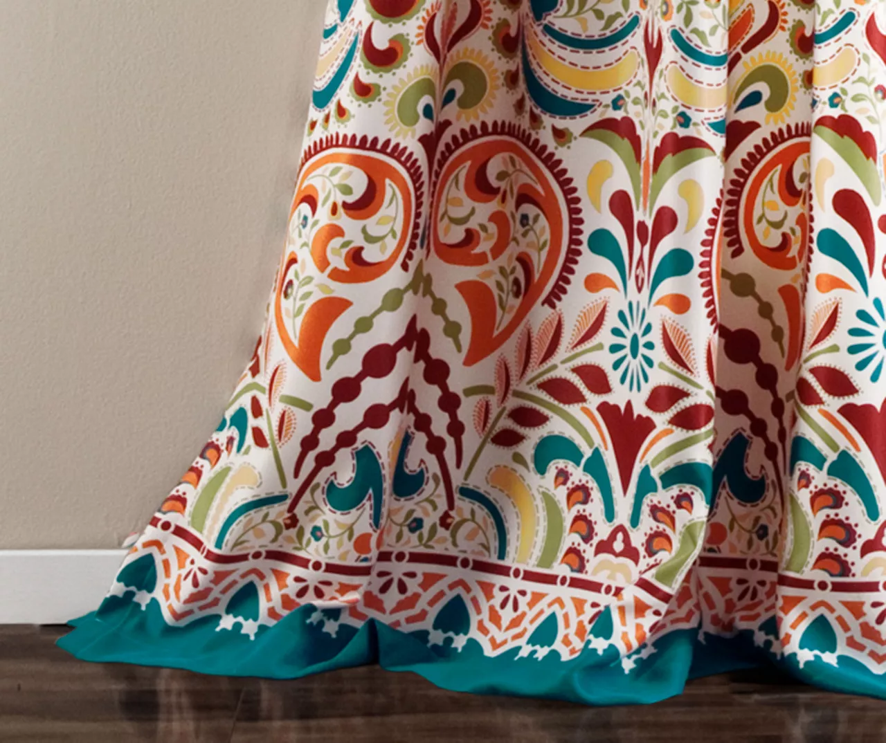 Clara Turquoise & Tangerine Paisley Room-Darkening Rod Pocket Curtain Panel Pair, (95") 5 Clara Turquoise & Tangerine Paisley Room-Darkening Rod Pocket Curtain Panel Pair, (95") - Image 5