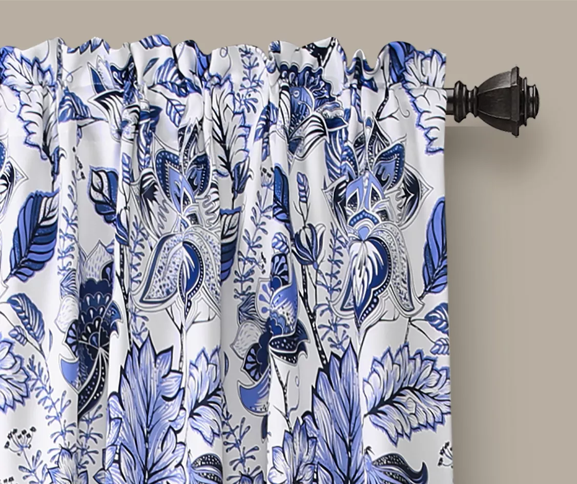 Cynthia Jacobean Blue Room-Darkening Rod Pocket Curtain Panel Pair, (120") 2 Cynthia Jacobean Blue Room-Darkening Rod Pocket Curtain Panel Pair, (120") - Image 2