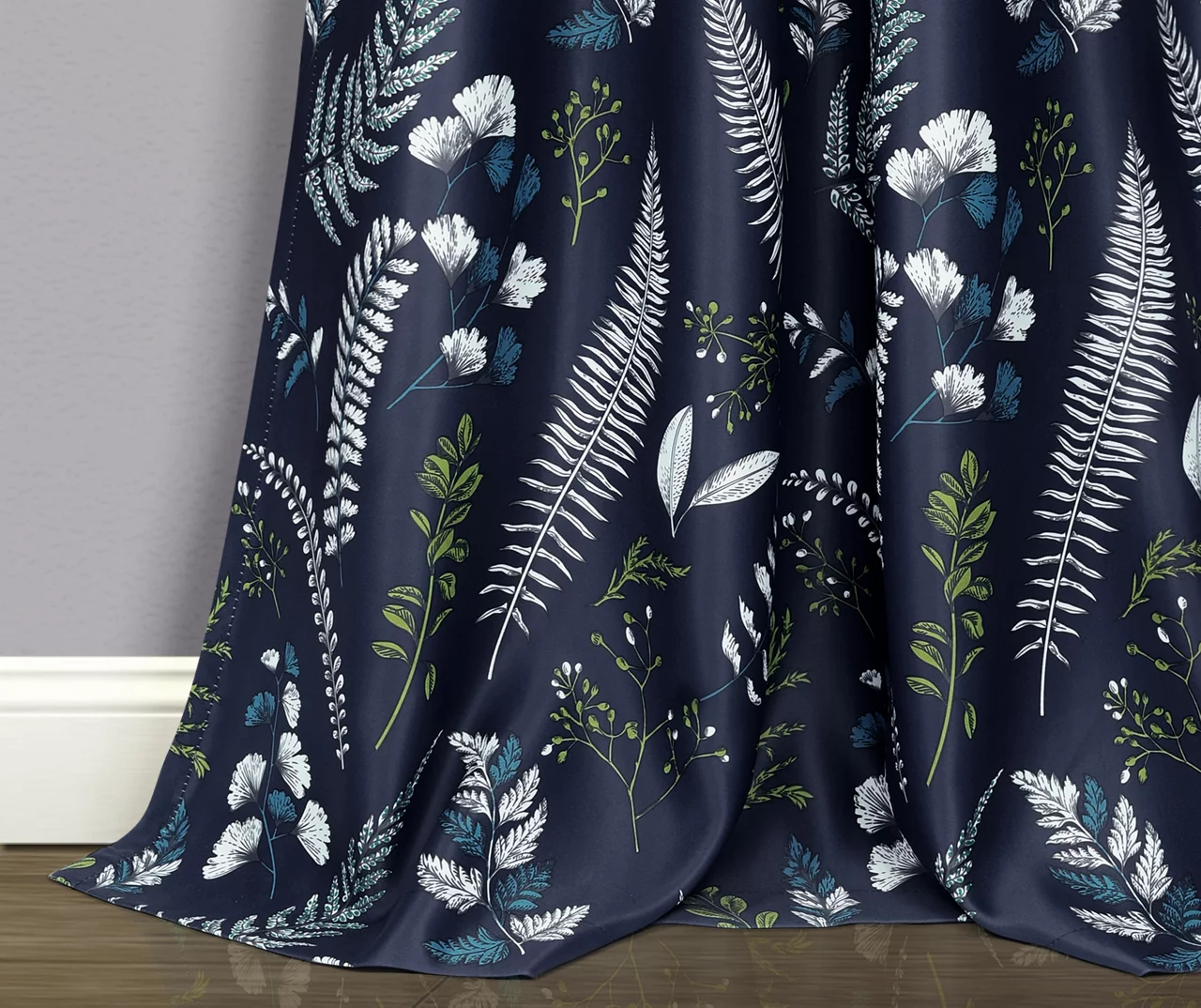 Devonia Allover Navy & Green Floral Room-Darkening Rod Pocket Curtain Panel Pair, (84") 4 Devonia Allover Navy & Green Floral Room-Darkening Rod Pocket Curtain Panel Pair, (84") - Image 4