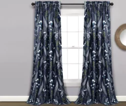 Devonia Allover Navy & Green Floral Room-Darkening Rod Pocket Curtain Panel Pair, (84")