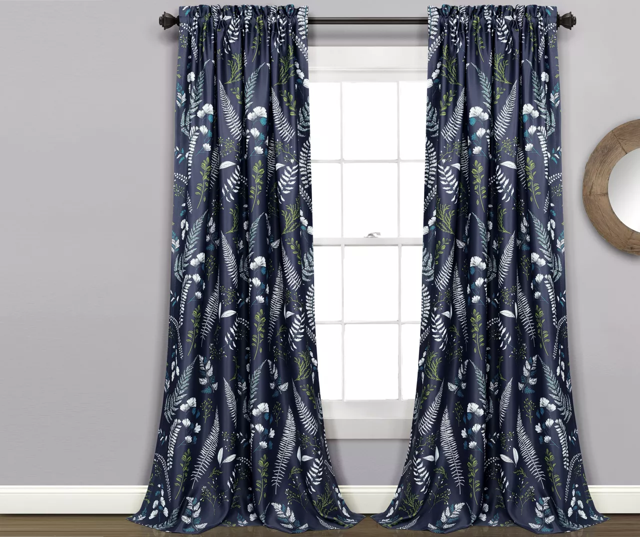 Devonia Allover Navy & Green Floral Room-Darkening Rod Pocket Curtain Panel Pair, (84") 1 Devonia Allover Navy & Green Floral Room-Darkening Rod Pocket Curtain Panel Pair, (84")