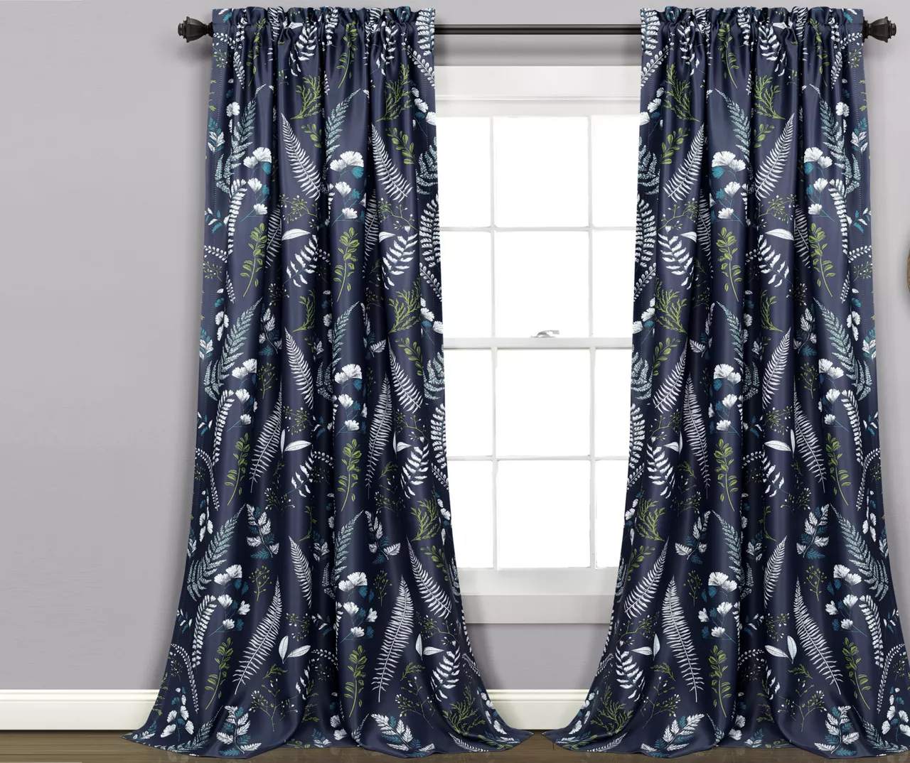 Devonia Allover Navy & Green Floral Room-Darkening Rod Pocket Curtain Panel Pair, (95") 1 Devonia Allover Navy & Green Floral Room-Darkening Rod Pocket Curtain Panel Pair, (95")