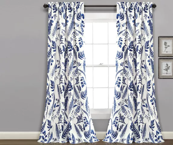 Devonia Allover White & Navy Floral Room-Darkening Rod Pocket Curtain Panel Pair, (84") 1 Devonia Allover White & Navy Floral Room-Darkening Rod Pocket Curtain Panel Pair, (84")