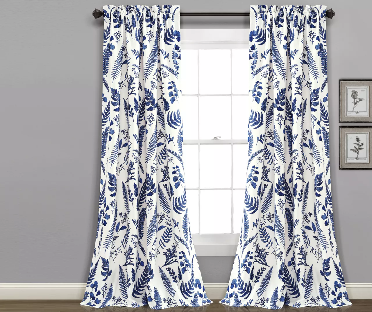 Devonia Allover White & Navy Floral Room-Darkening Rod Pocket Curtain Panel Pair, (95") 1 Devonia Allover White & Navy Floral Room-Darkening Rod Pocket Curtain Panel Pair, (95")