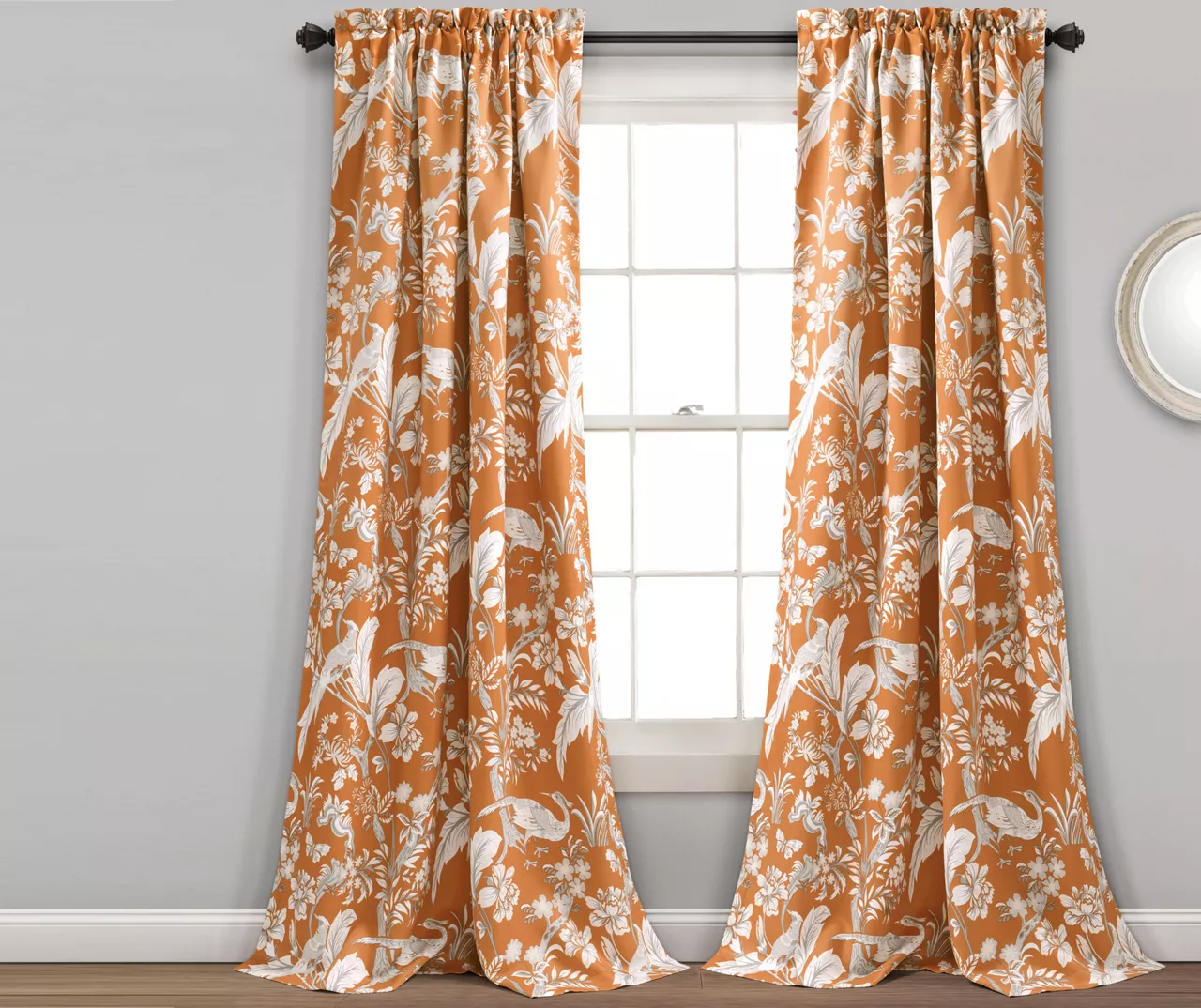 Dolores Orange Floral Room-Darkening Rod Pocket Curtain Panel Pair, (84") 1 Dolores Orange Floral Room-Darkening Rod Pocket Curtain Panel Pair, (84")