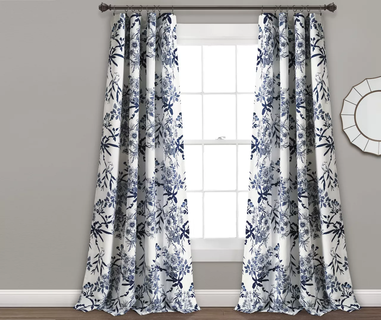 Botanical Garden Navy & White Room-Darkening Rod Pocket Curtain Panel Pair, (95") 1 Botanical Garden Navy & White Room-Darkening Rod Pocket Curtain Panel Pair, (95")