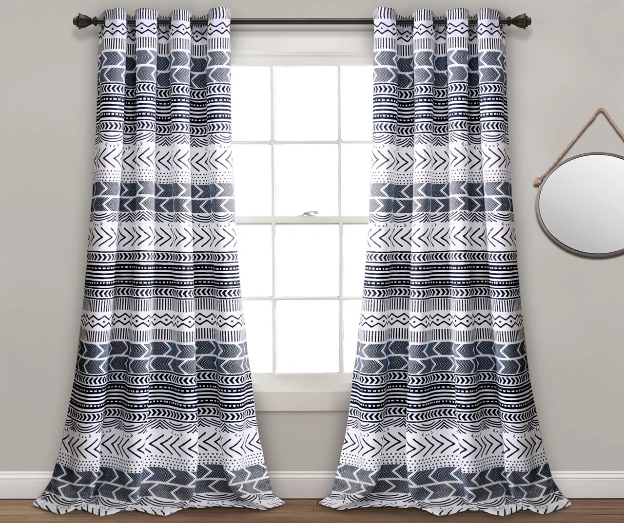 Hygge Geo Navy & White Room-Darkening Grommet Curtain Panel Pair, (84") 1 Hygge Geo Navy & White Room-Darkening Grommet Curtain Panel Pair, (84")