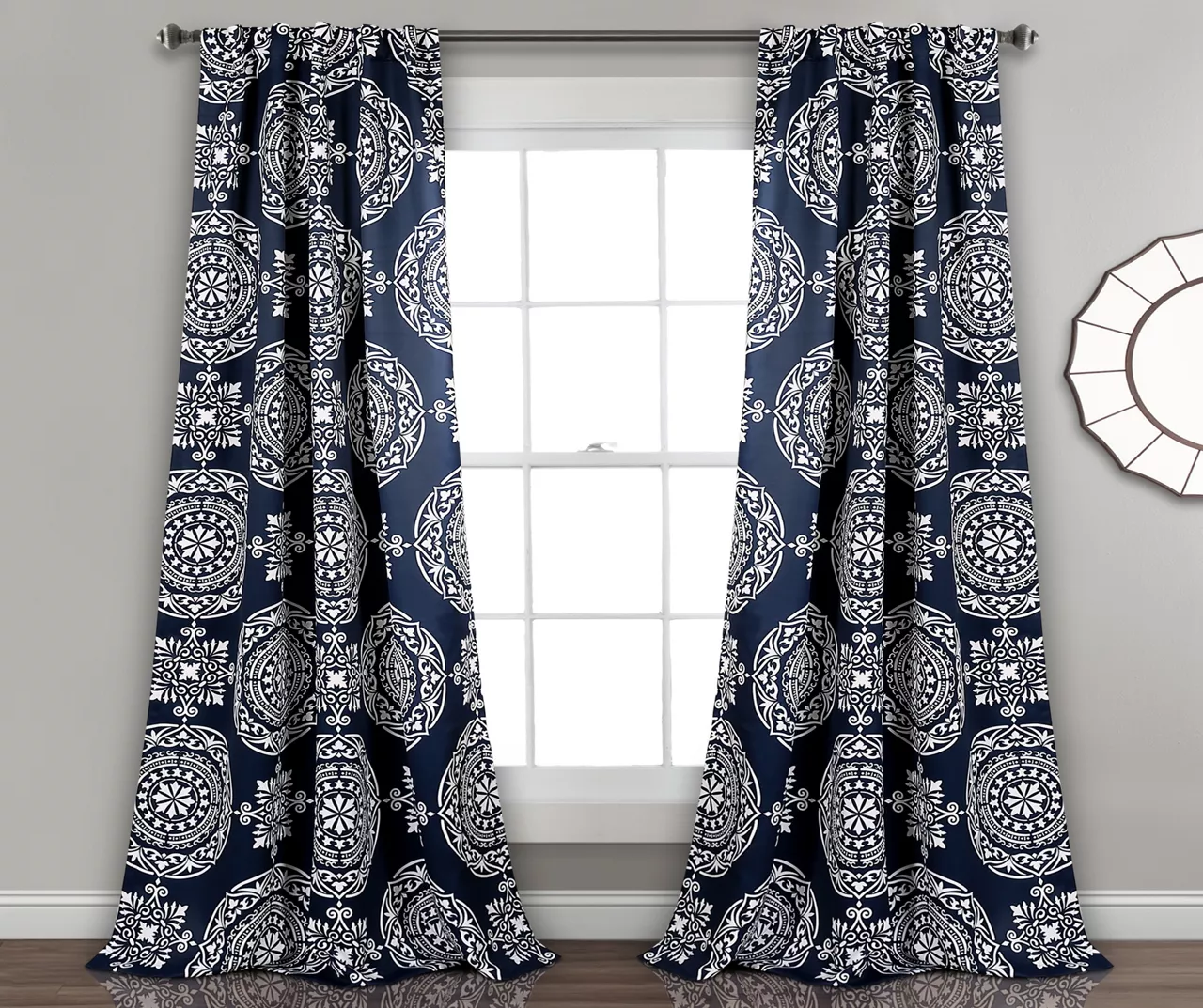 Karmen Medallion Navy Room-Darkening Back Tab Curtain Panel Pair, (84") 1 Karmen Medallion Navy Room-Darkening Back Tab Curtain Panel Pair, (84")