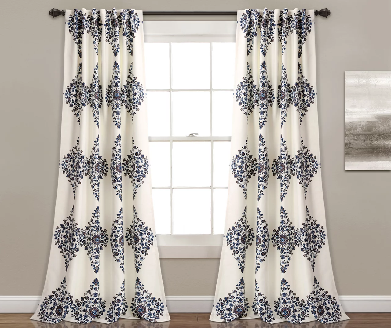 Keya Medallion Cream & Blue Room-Darkening Back Tab Curtain Panel Pair, (84") 1 Keya Medallion Cream & Blue Room-Darkening Back Tab Curtain Panel Pair, (84")