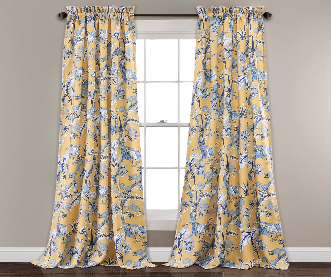 Dolores Yellow & Blue Floral Room-Darkening Rod Pocket Curtain Panel Pair, (84") 1 Dolores Yellow & Blue Floral Room-Darkening Rod Pocket Curtain Panel Pair, (84")